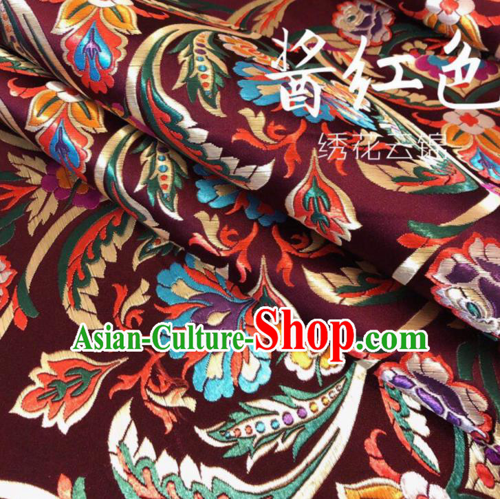 Chinese Classical Embroidered Pattern Design Purplish Red Nanjing Brocade Fabric Asian Traditional Satin Silk Material