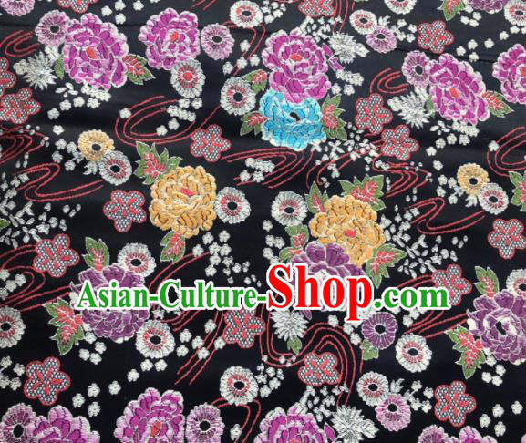 Chinese Classical Peony Plum Pattern Design Black Brocade Fabric Asian Traditional Satin Silk Material