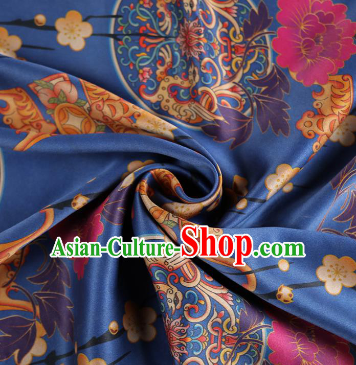 Chinese Classical Plum Quadripod Pattern Design Blue Satin Fabric Asian Traditional Cheongsam Silk Material