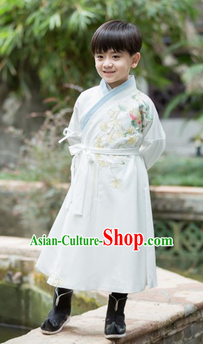 Chinese Traditional Ming Dynasty Scholar White Costume Ancient Swordsman Hanfu Clothing for Kids