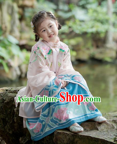 Chinese Traditional Girls Embroidered Peony Pink Cloak and Blue Skirt Ancient Ming Dynasty Princess Costume for Kids