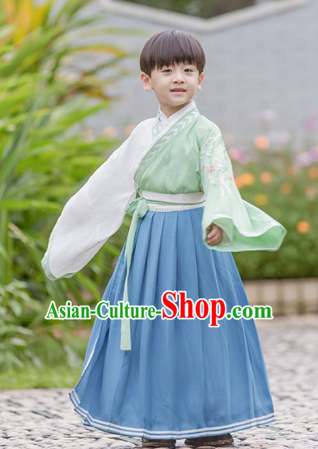 Chinese Traditional Han Dynasty Swordsman Green Costume Ancient Scholar Hanfu Clothing for Kids