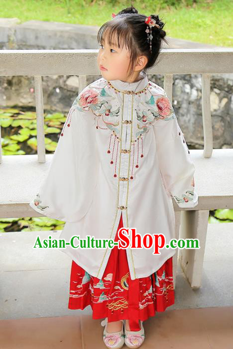 Chinese Traditional Girls Embroidered White Cape and Skirt Ancient Ming Dynasty Princess Costume for Kids