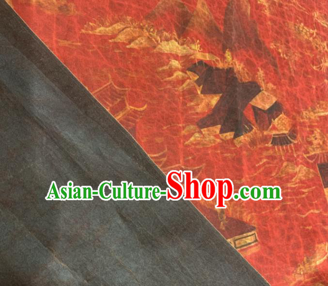 Asian Chinese Traditional Pavilions Pattern Design Red Gambiered Guangdong Gauze Fabric Silk Material