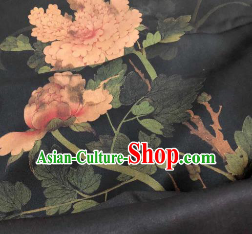 Asian Chinese Traditional Peony Pattern Design Black Gambiered Guangdong Gauze Fabric Silk Material