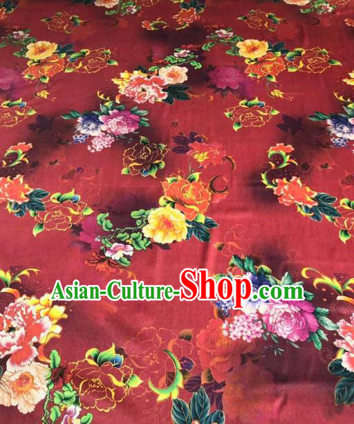 Asian Chinese Traditional Peony Pattern Design Red Gambiered Guangdong Gauze Fabric Silk Material