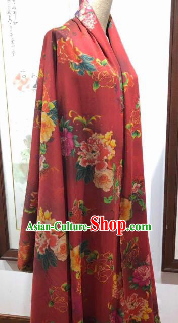 Asian Chinese Traditional Peony Pattern Design Red Gambiered Guangdong Gauze Fabric Silk Material