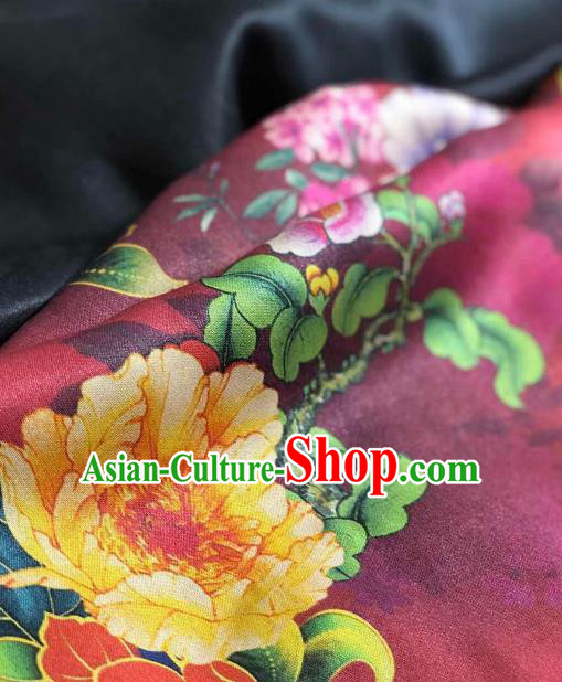 Asian Chinese Traditional Peony Pattern Design Red Gambiered Guangdong Gauze Fabric Silk Material