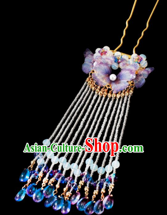 Chinese Classical Dance Hair Accessories Ancient Princess Purple Butterfly Tassel Hairpins for Women