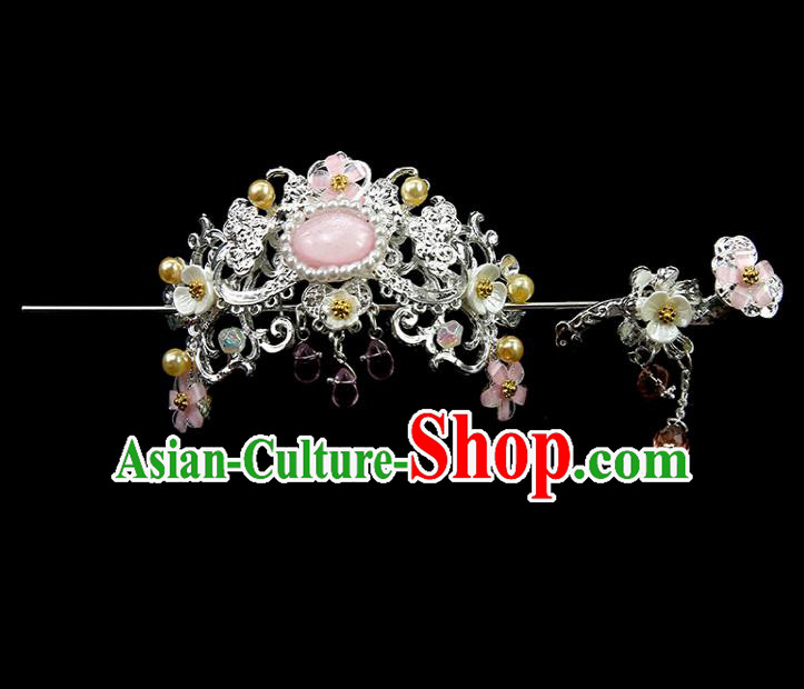 Chinese Ancient Princess Argent Hair Crown and Flower Hairpins Traditional Classical Dance Hair Accessories for Women