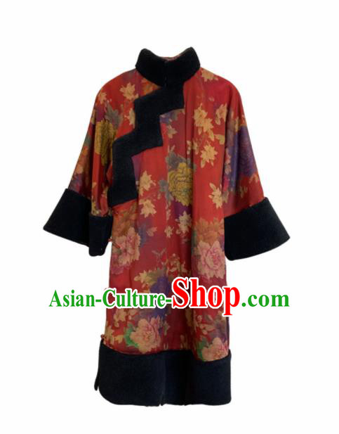 Traditional Chinese Graceful Printing Peony Red Brocade Cheongsam Silk Qipao Dress for Women