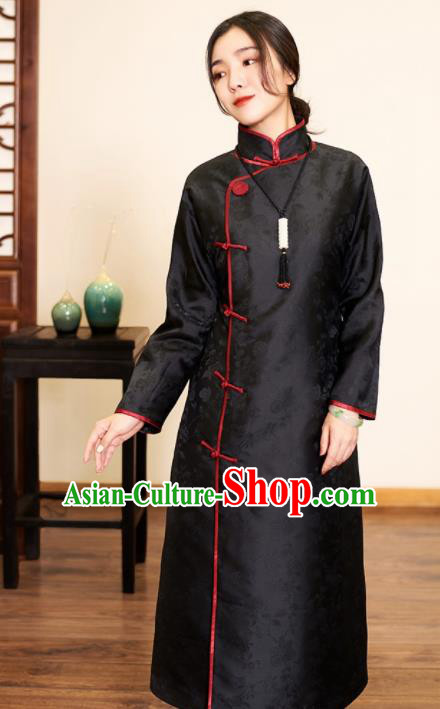 Traditional Chinese Graceful Black Cotton Wadded Cheongsam Silk Qipao Dress for Women