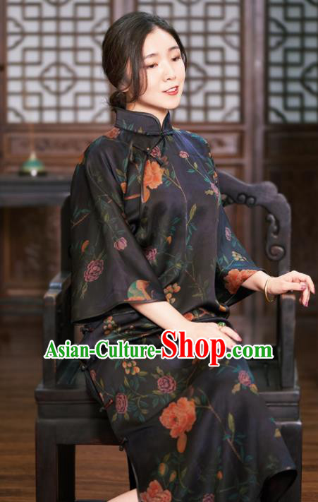 Traditional Chinese Graceful Black Cheongsam Tang Suit Silk Qipao Dress for Women