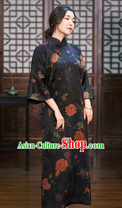 Traditional Chinese Graceful Black Cheongsam Tang Suit Silk Qipao Dress for Women