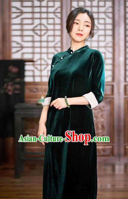 Traditional Chinese National Graceful Green Velvet Cheongsam Tang Suit Qipao Dress for Women