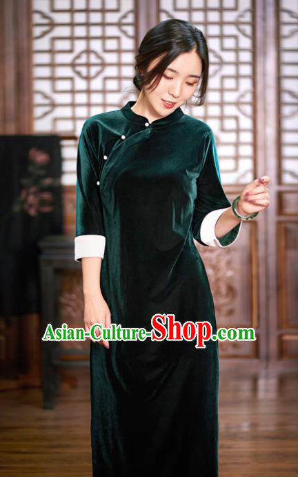 Traditional Chinese National Graceful Green Velvet Cheongsam Tang Suit Qipao Dress for Women