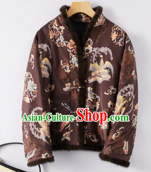 Top Grade Traditional Chinese Brown Cotton Wadded Jacket Tang Suit Silk Upper Outer Garment for Women