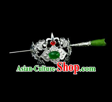Chinese Drama Argent Hair Crown and Green Magnolia Hairpin Ancient Swordsman Hair Accessories for Men