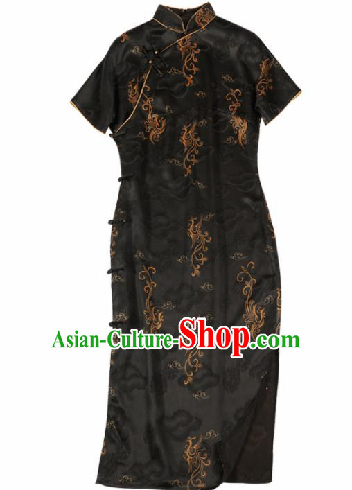 Traditional Chinese National Graceful Black Silk Cheongsam Tang Suit Qipao Dress for Women