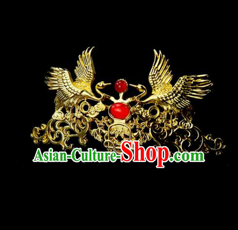 Chinese Ancient Princess Red Glass Golden Crane Hair Crown Traditional Classical Dance Hair Accessories for Women