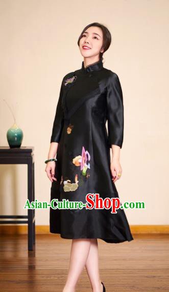 Traditional Chinese Black Cheongsam Embroidered Silk Qipao Dress for Women