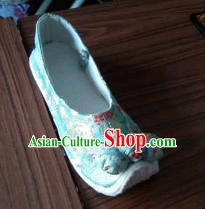 Chinese Traditional Blue Brocade Bow Shoes Opera Shoes Hanfu Shoes Ancient Princess Shoes for Women