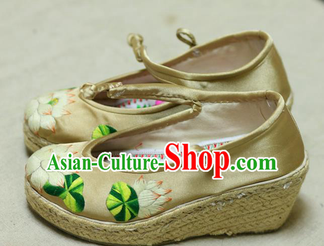 Chinese Traditional Embroidered Lotus Beige Brocade Wedge Heel Shoes Hanfu Shoes for Women