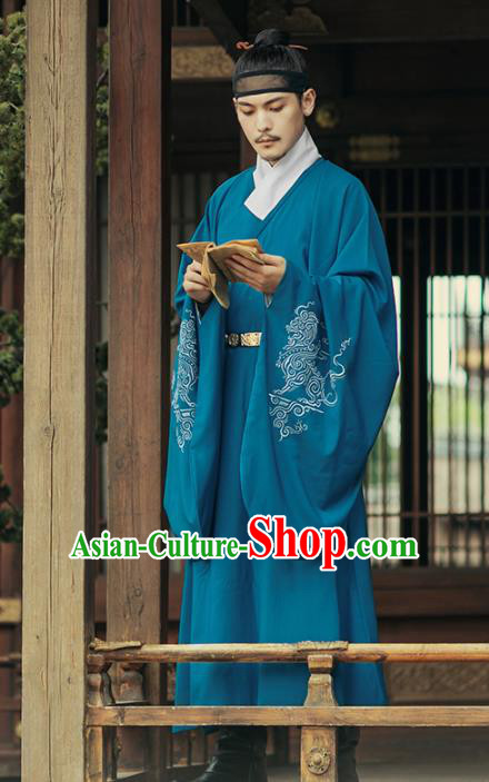 Chinese Ancient Taoist Priest Blue Robe Traditional Ming Dynasty Scholar Costumes for Men