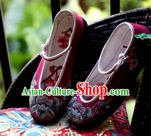 Chinese Traditional National Embroidered Wine Red Shoes Hanfu Shoes for Women