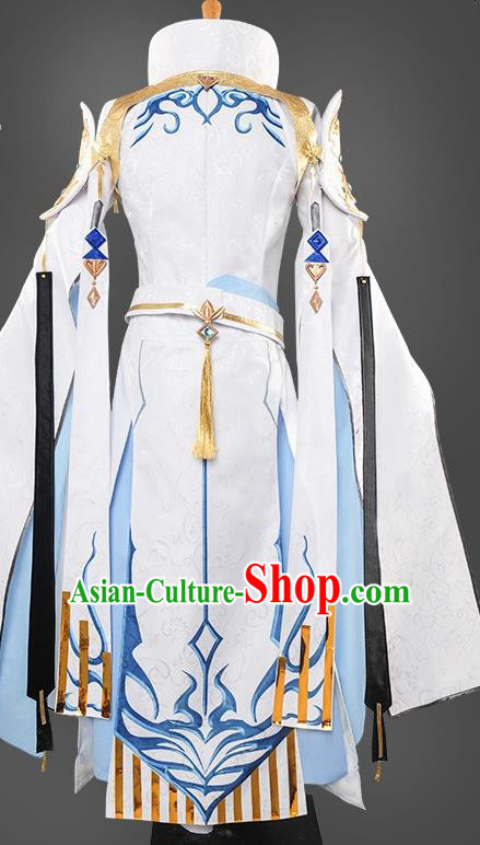 Chinese Cosplay Taoist Priest Swordsman White Hanfu Clothing Traditional Ancient Knight Costume for Men