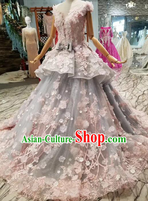 Custom Compere Embroidered Grey Trailing Full Dress Wedding Bride Costumes Top Grade Bridal Gown for Women
