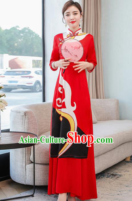 Vietnamese Traditional Printing Costume Asian Vietnam Red Ao Dai Dress for Women