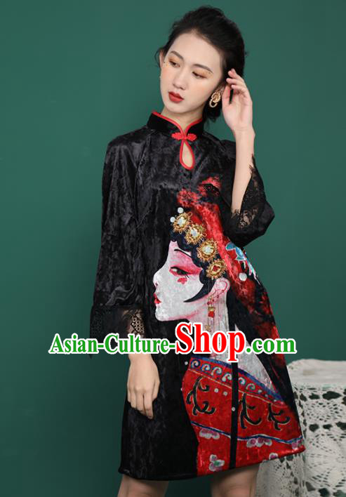 Chinese Traditional Compere Printing Black Velvet Cheongsam Costume China National Qipao Dress for Women