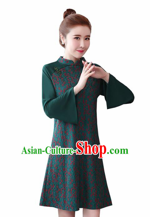 Chinese Traditional Deep Green Cheongsam Costume China National Qipao Dress for Women