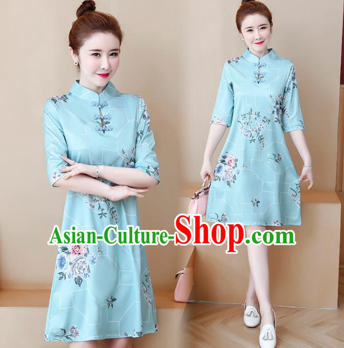 Chinese Traditional Printing Light Blue Cheongsam Costume China National Qipao Dress for Women
