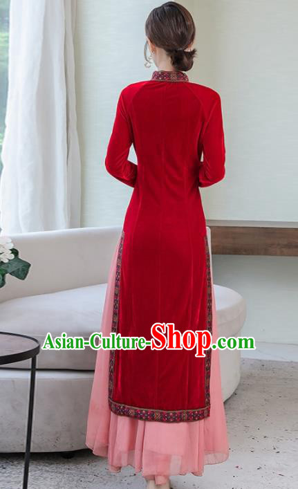Chinese Traditional Red Velvet Cheongsam Costume China National Qipao Dress for Women