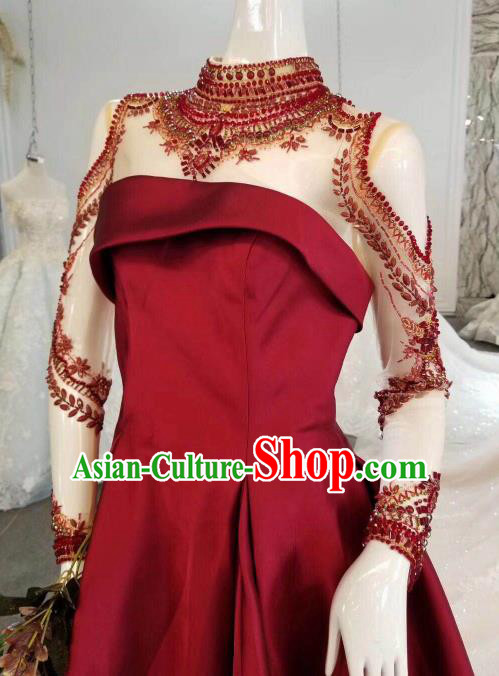 Custom Compere Wine Red Full Dress Wedding Bride Costumes Top Grade Bridal Gown for Women
