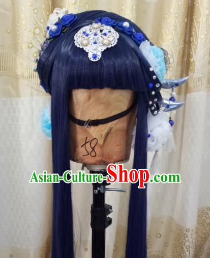 Chinese Cosplay Female Swordsman Deep Blue Wigs Ancient Fairy Princess Hair Chignon and Accessories for Women