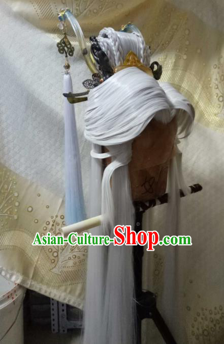 Custom Chinese Cosplay Swordsman White Wigs Ancient Taoist Hair Chignon and Accessories for Men