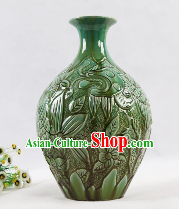 Chinese Traditional Handmade Green Carving Pottery Vase Craft