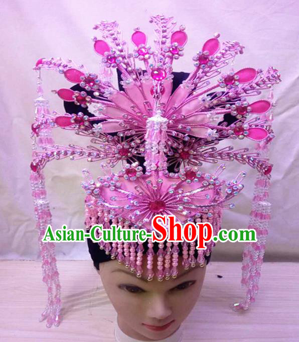 Chinese Traditional Peking Opera Pink Hairpins Phoenix Coronet Handmade Beijing Opera Diva Hair Accessories for Women