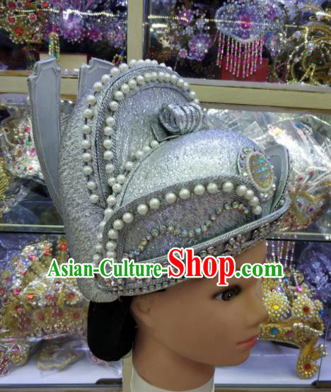 Chinese Traditional Peking Opera White Hat Handmade Ancient Emperor Headwear for Men