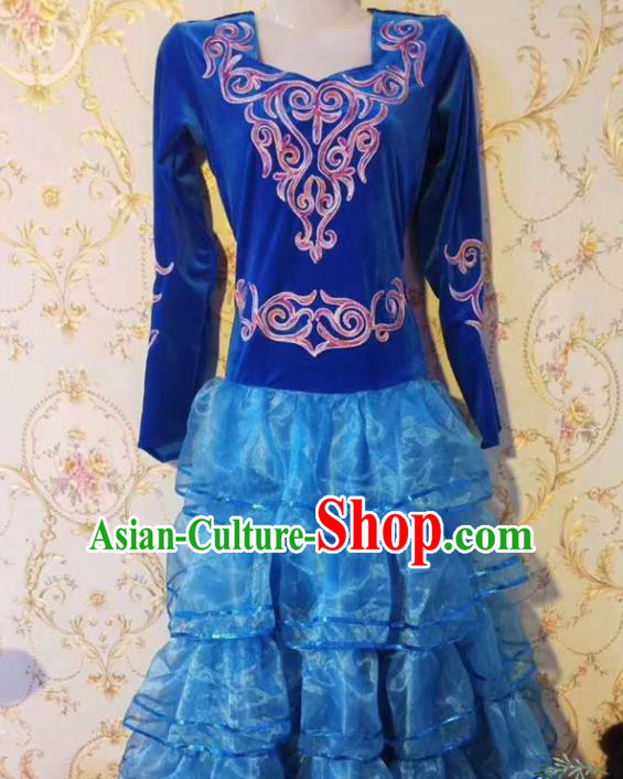 Chinese Traditional Kazak Nationality Dance Blue Dress Xinjiang Ethnic Stage Show Costume for Women