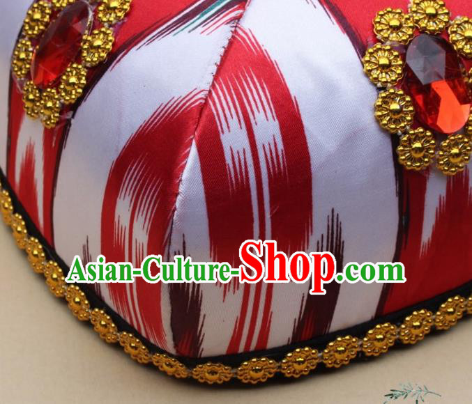Chinese Traditional Uyghur Nationality Girls Red Ribbon Hat Ethnic Folk Dance Stage Show Headwear for Kids