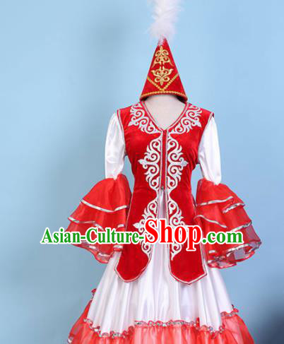 Chinese Traditional Xinjiang Kazak Nationality Embroidered Dress Ethnic Folk Dance Costume for Women