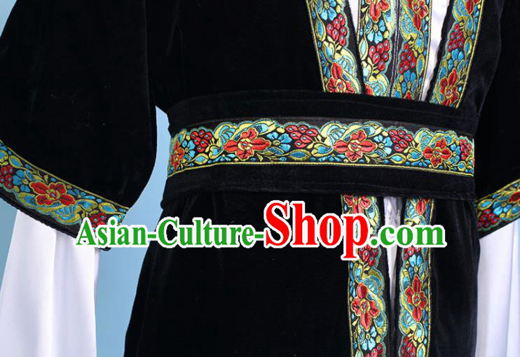 Chinese Traditional Kazak Nationality Embroidered Black Clothing Xinjiang Ethnic Folk Dance Costume for Men