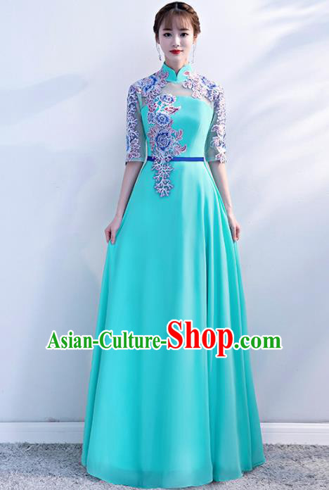 Top Grade Compere Embroidered Sky Blue Qipao Dress Annual Gala Stage Show Chorus Costume for Women