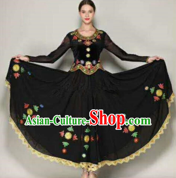 Traditional Chinese Xinjiang Uyghur Nationality Folk Dance Black Dress Ethnic Stage Show Costume for Women