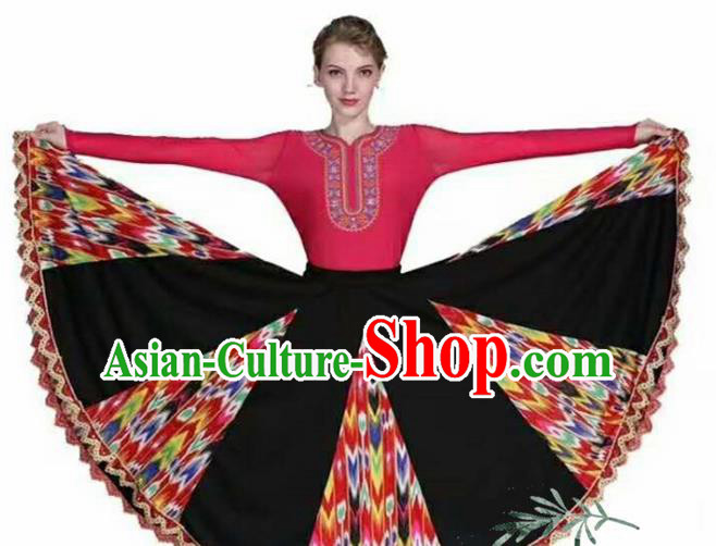 Traditional Chinese Xinjiang Uyghur Nationality Rosy Dress Ethnic Folk Dance Stage Show Costume for Women