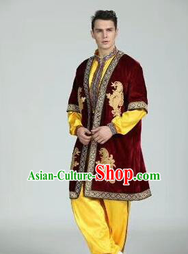 Chinese Traditional Uyghur Nationality Wine Red Outfits Xinjiang Ethnic Minority Folk Dance Stage Show Costume for Men
